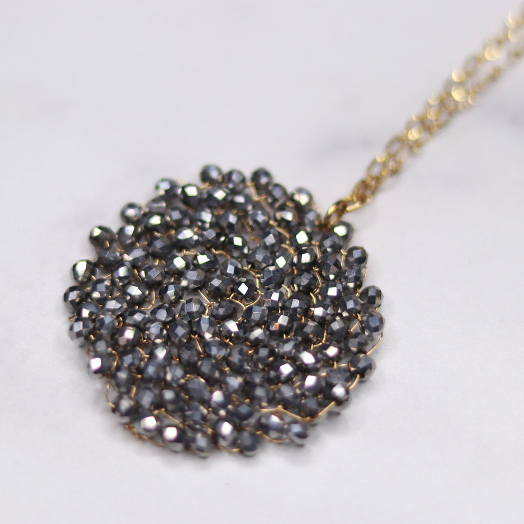 Gold Filled Metallic Pewter Swarovski Crystal Woven Round Pendant Necklace  NEW