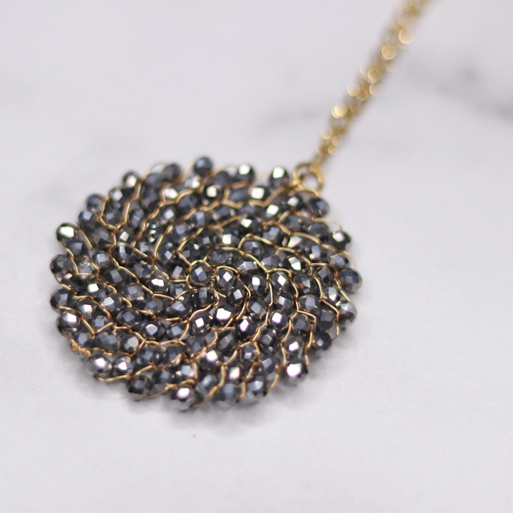 Gold Filled Metallic Pewter Swarovski Crystal Woven Round Pendant Necklace  NEW