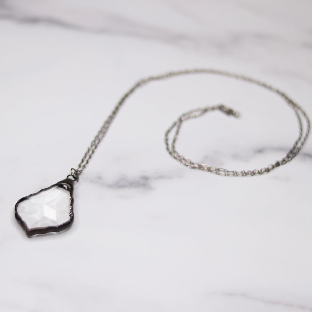 Charcoal Soldered Clear French Crystal Chandelier Pendant on Gunmetal Chain  NEW