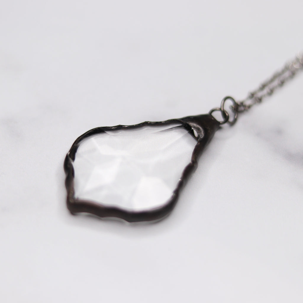 Charcoal Soldered Clear French Crystal Chandelier Pendant on Gunmetal Chain  NEW
