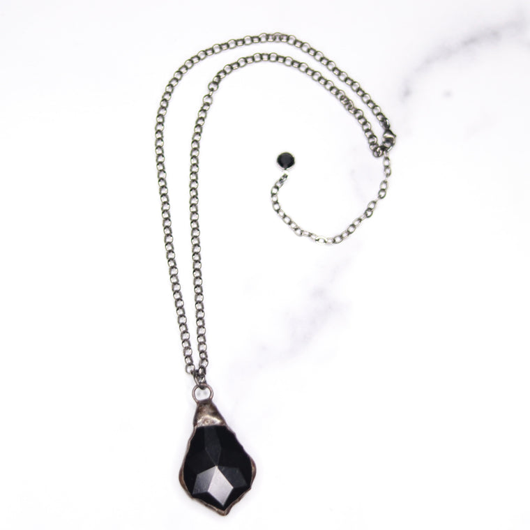 Charcoal Soldered Jet Black French Crystal Chandelier Pendant on Gunmetal Chain  NEW