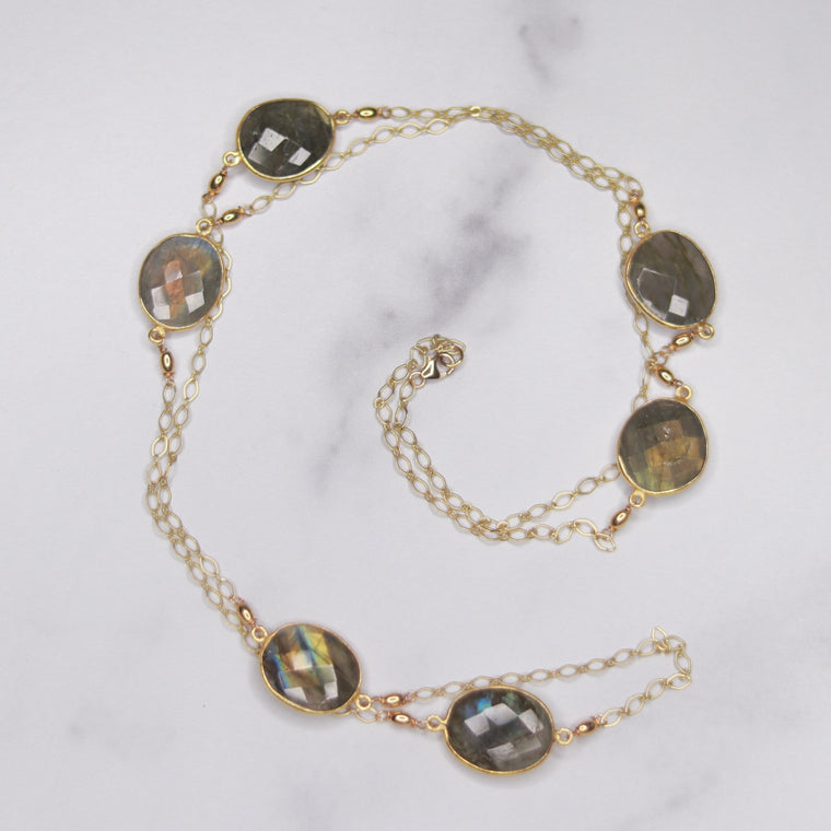 Gold-Filled Labradorite Large Oval Long Layering Necklace  NEW