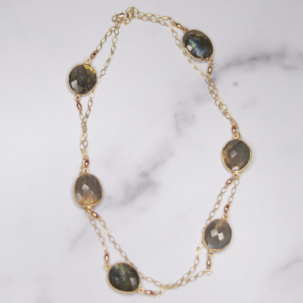 Gold-Filled Labradorite Large Oval Long Layering Necklace  NEW