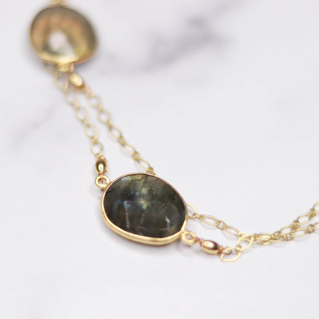 Gold-Filled Labradorite Large Oval Long Layering Necklace  NEW