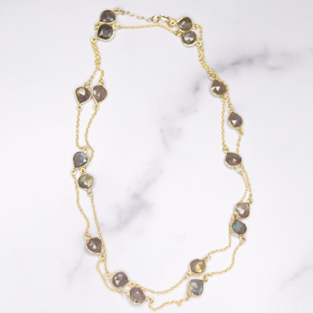 Gold-Filled Labradorite Teardrop Long Layering Necklace  NEW