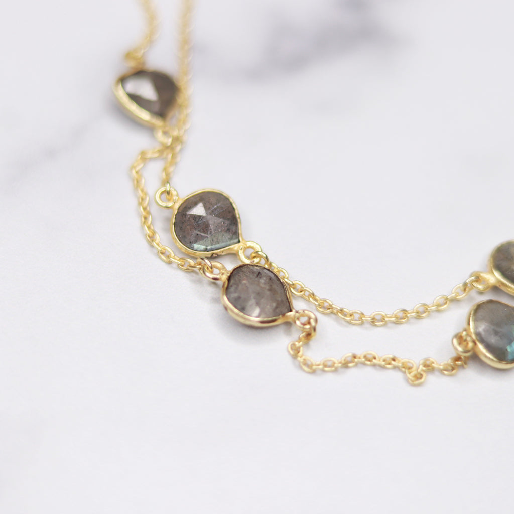 Gold-Filled Labradorite Teardrop Long Layering Necklace  NEW