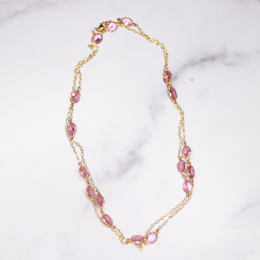 Gold-Filled Pink Swarovski Crystal Large Oval Long Layering Necklace  NEW