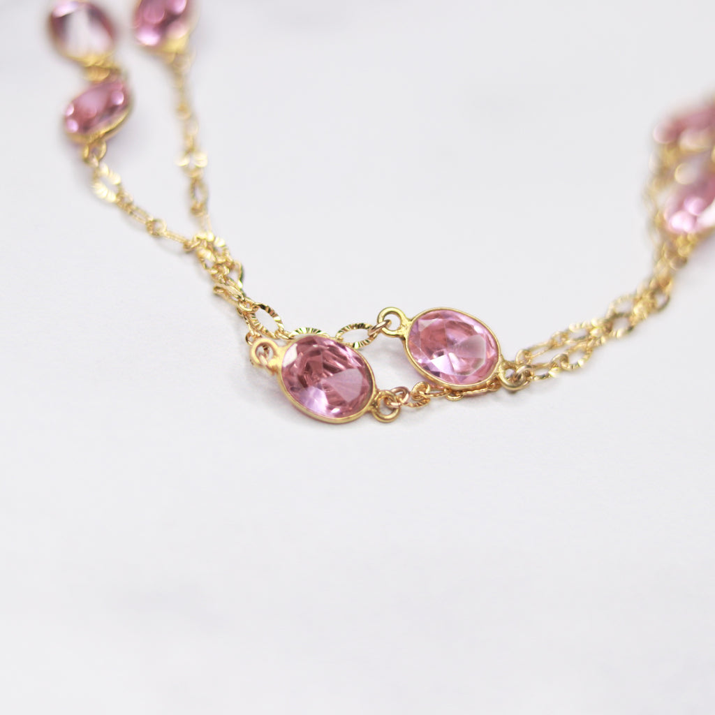 Gold-Filled Pink Swarovski Crystal Large Oval Long Layering Necklace  NEW