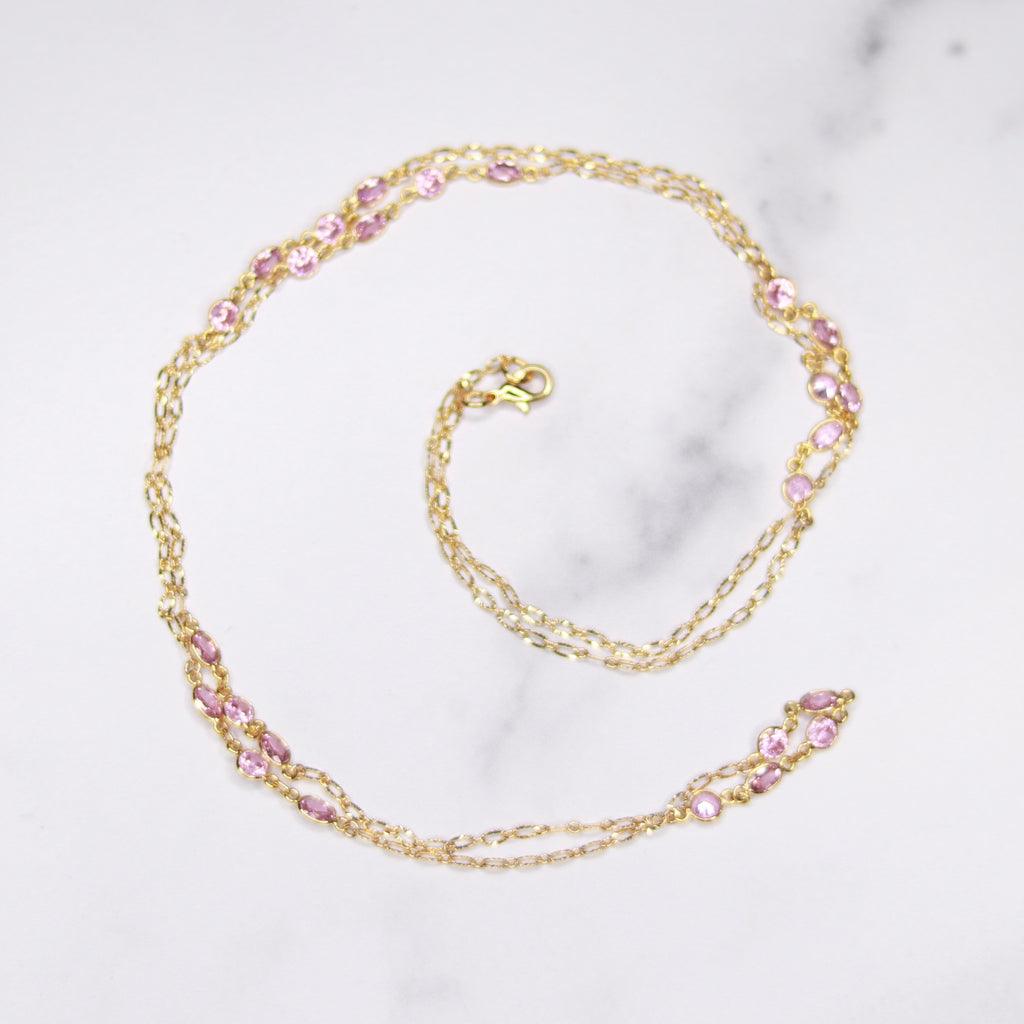 Gold-Filled Pink Swarovski Crystal Small Oval Long Layering Necklace  NEW