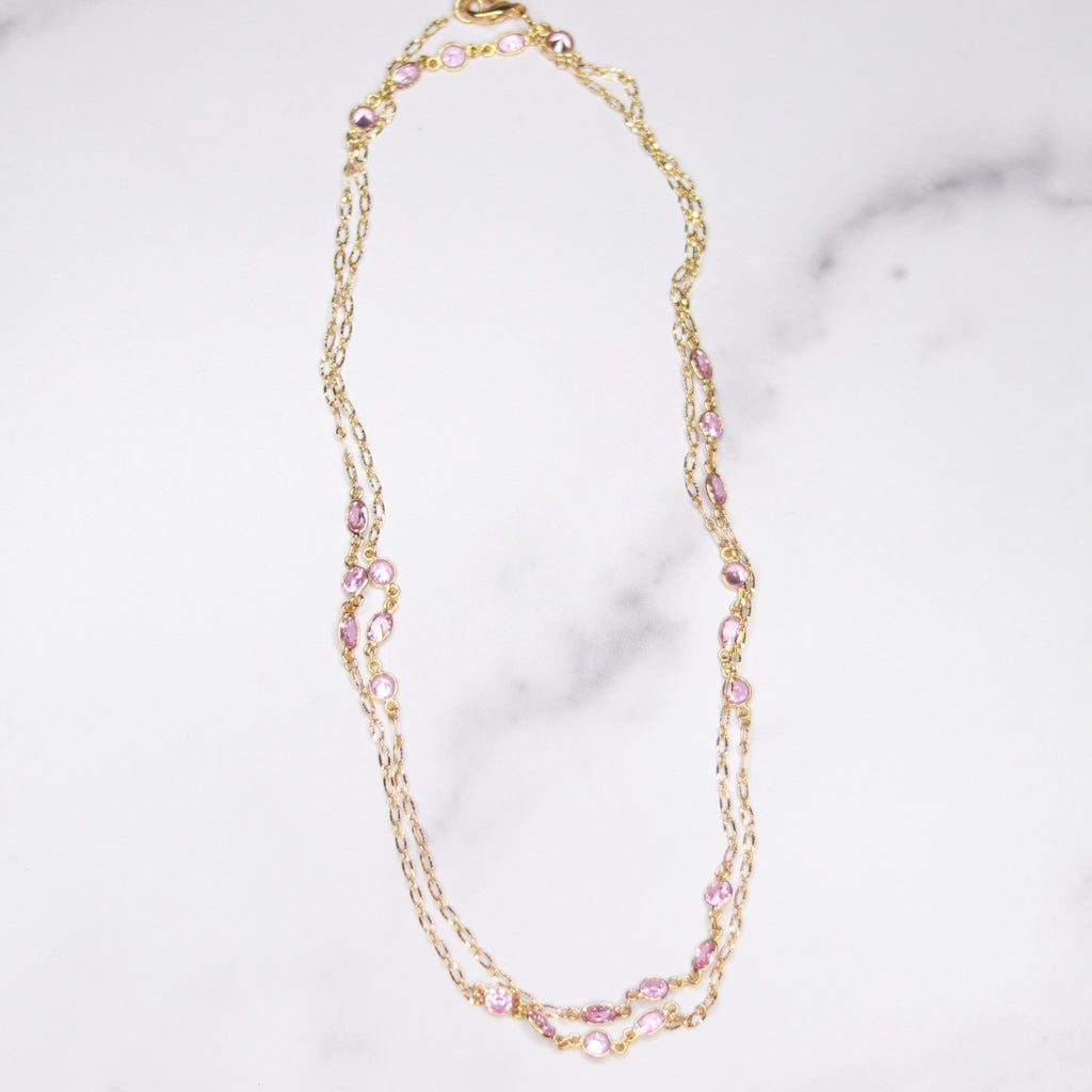 Gold-Filled Pink Swarovski Crystal Small Oval Long Layering Necklace  NEW