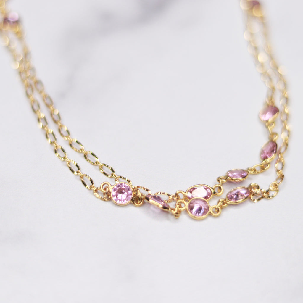 Gold-Filled Pink Swarovski Crystal Small Oval Long Layering Necklace  NEW