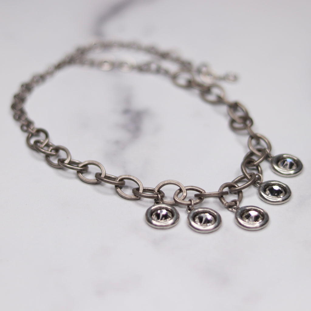 Antique Silver Large Oval Link Chain with Encased Swarovski Crystal Round Drops Choker Necklace  NEW