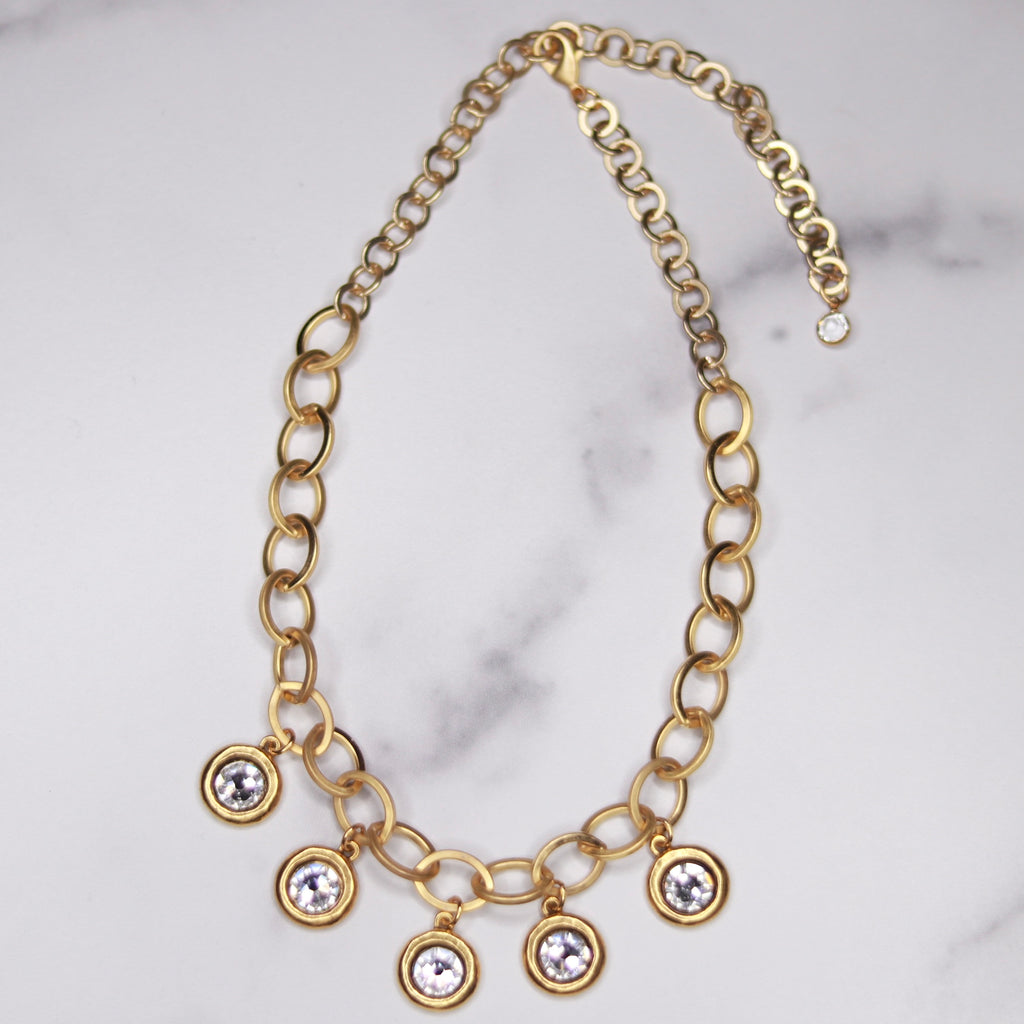 Antique Brass Large Oval Link Chain with Encased Swarovski Crystal Round Drops Choker Necklace  NEW