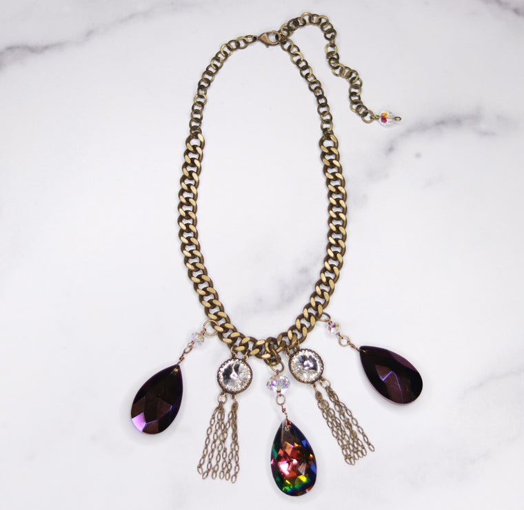 Antique Brass Chunky Curb Chain with Bright Plum and Vitrail Crystal Teardrop Choker Necklace  NEW
