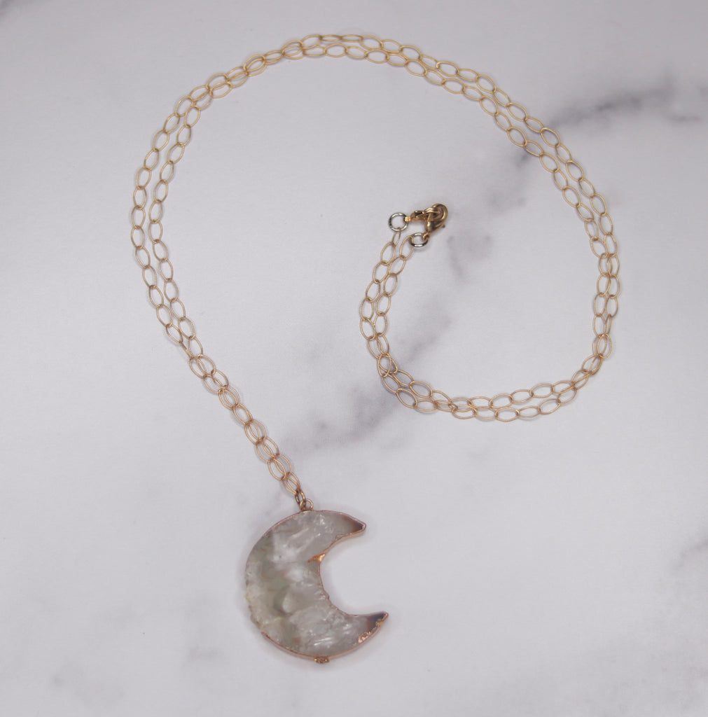Gold Vermeil Wrap on Quartz Crescent Moon Pendant Necklace  NEW