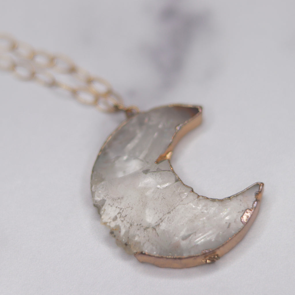 Gold Vermeil Wrap on Quartz Crescent Moon Pendant Necklace  NEW