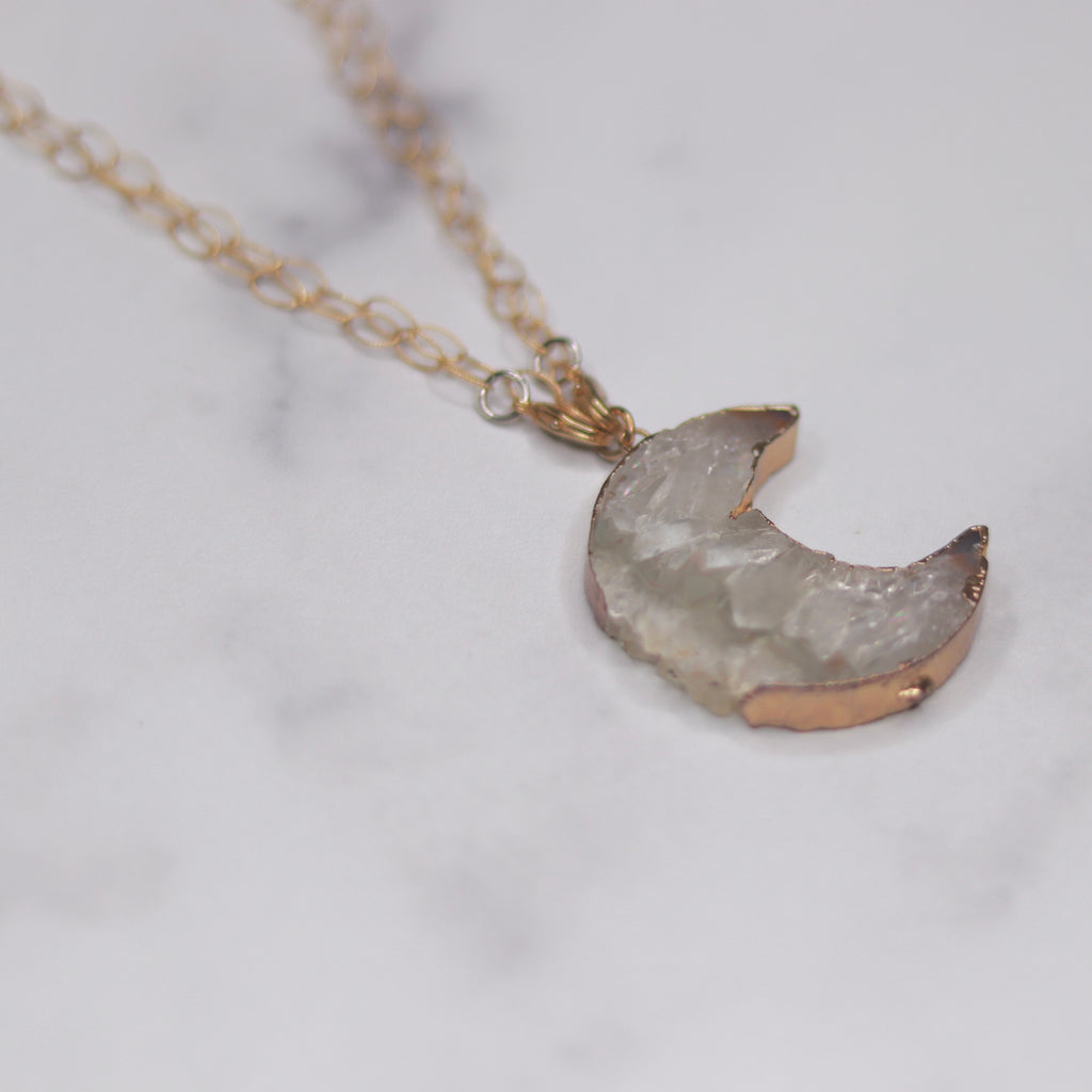 Gold Vermeil Wrap on Quartz Crescent Moon Pendant Necklace  NEW