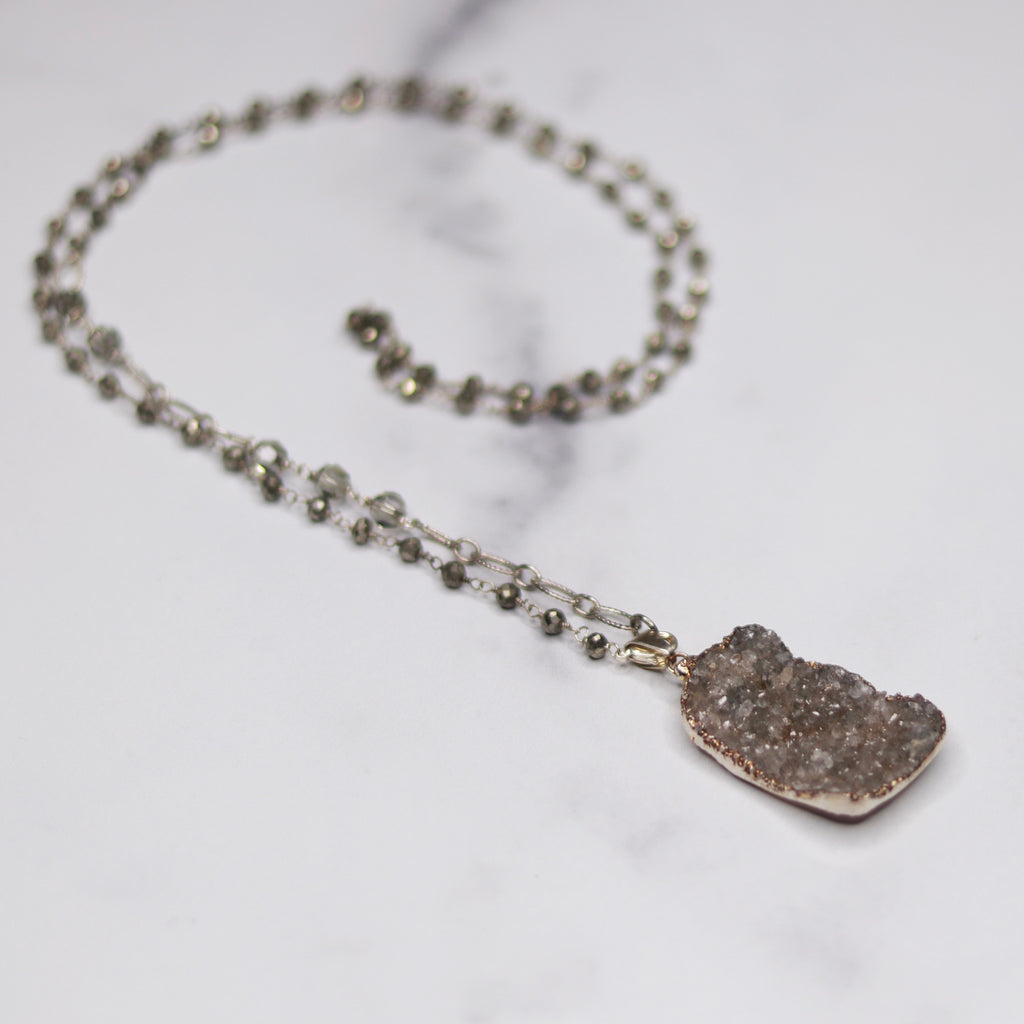 Green/Gray Rectangle Druzy Pendant with Pyrite Wrapped Brushed Sterling Silver Chain Necklace  NEW