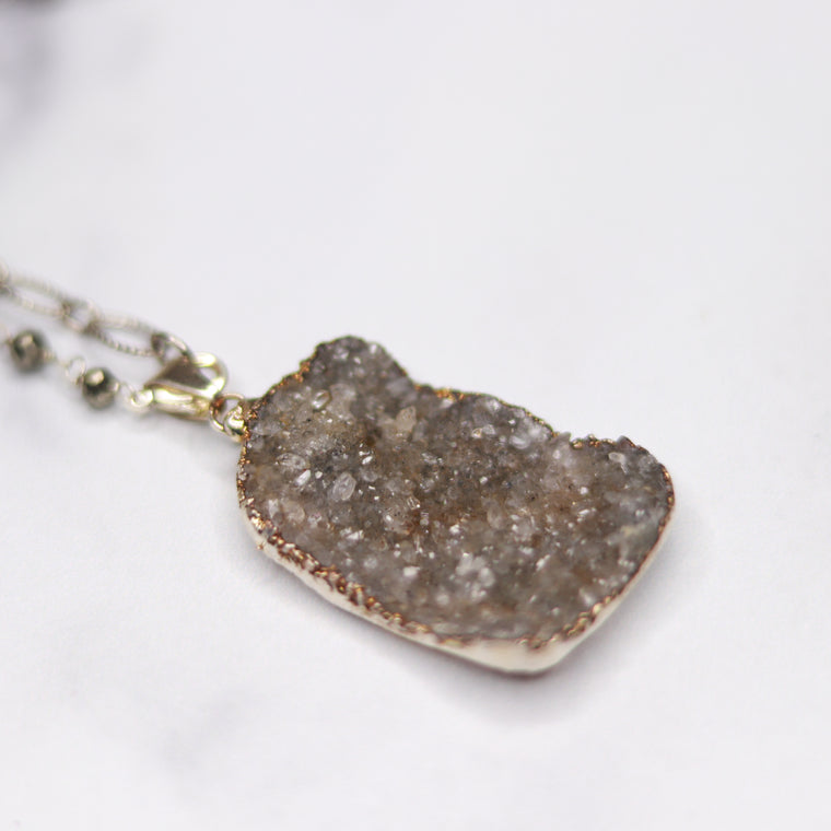 Green/Gray Rectangle Druzy Pendant with Pyrite Wrapped Brushed Sterling Silver Chain Necklace  NEW