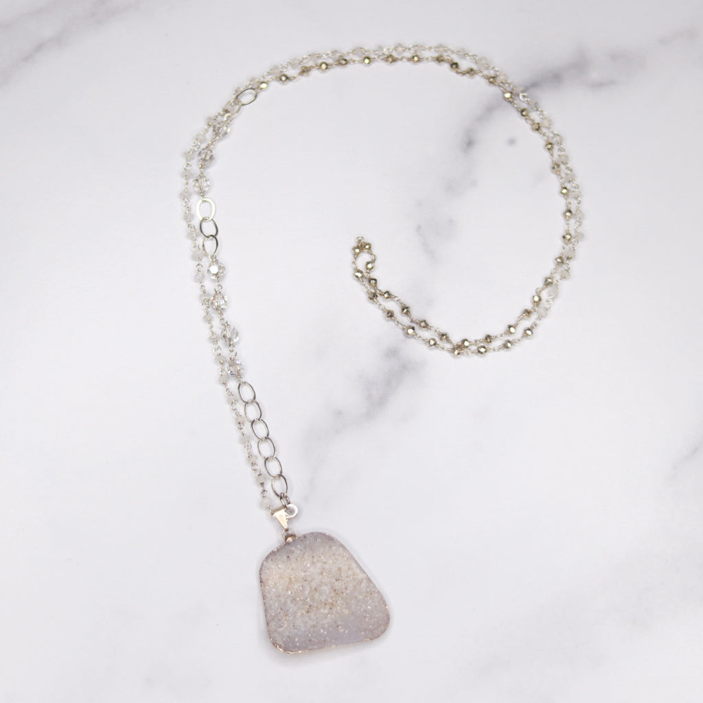 Cream and Light Gray Rectangle Druzy Pendant with Moonstone Wrapped Sterling Silver Chain Necklace  NEW