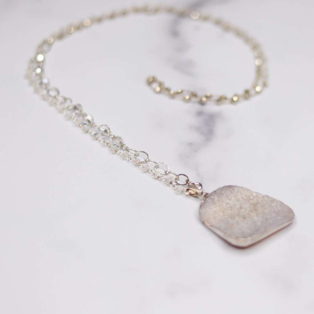 Cream and Light Gray Rectangle Druzy Pendant with Moonstone Wrapped Sterling Silver Chain Necklace  NEW