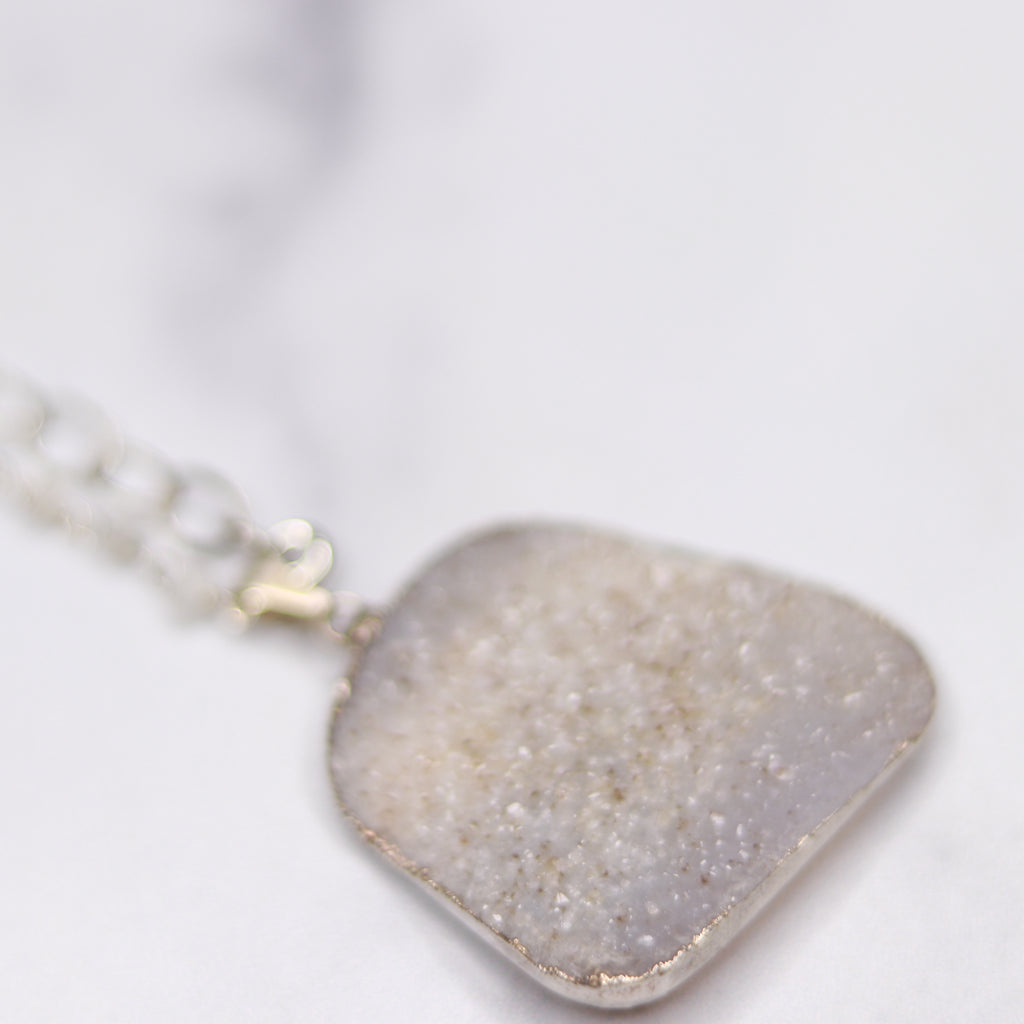 Cream and Light Gray Rectangle Druzy Pendant with Moonstone Wrapped Sterling Silver Chain Necklace  NEW