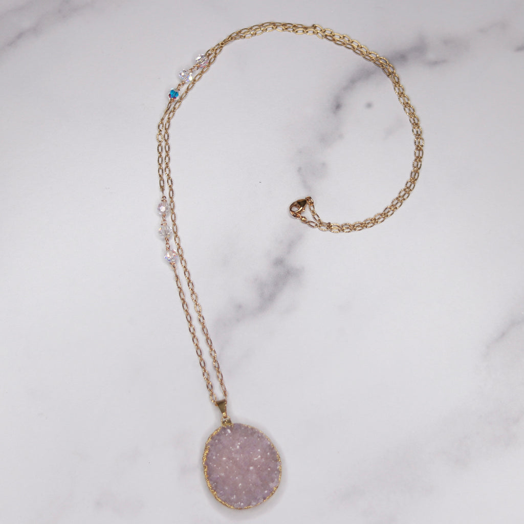 Lavendar/Soft Pink Oval Druzy Pendant with Swarovski Crystal Gold-Filled Chain Necklace  NEW