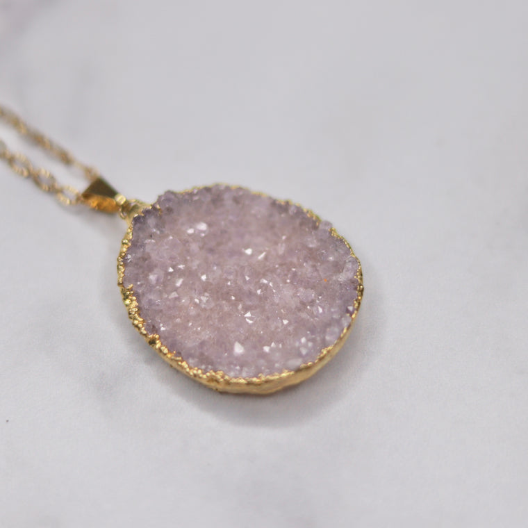 Lavendar/Soft Pink Oval Druzy Pendant with Swarovski Crystal Gold-Filled Chain Necklace  NEW