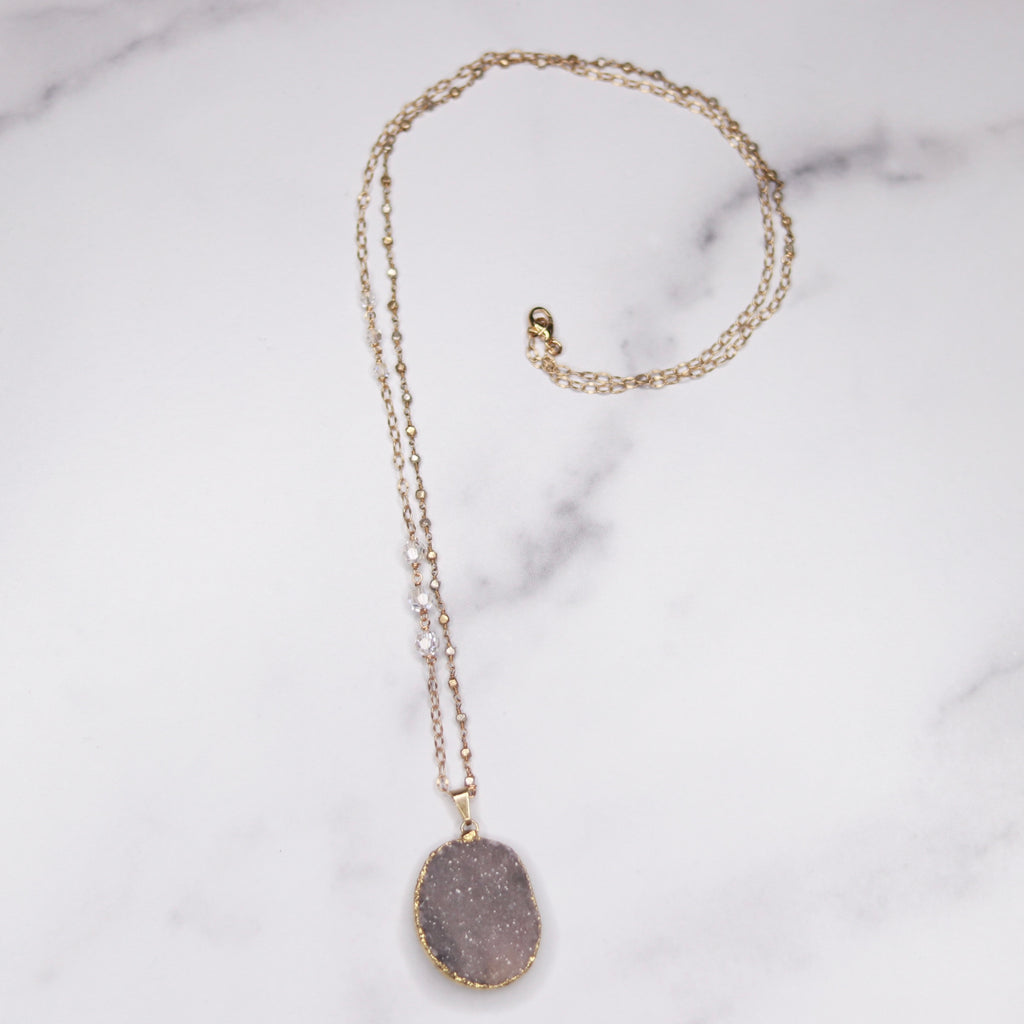 Gray Oval Druzy Pendant with Swarovski Cyrstal and Gold and Silver Beaded Chain Necklace  NEW