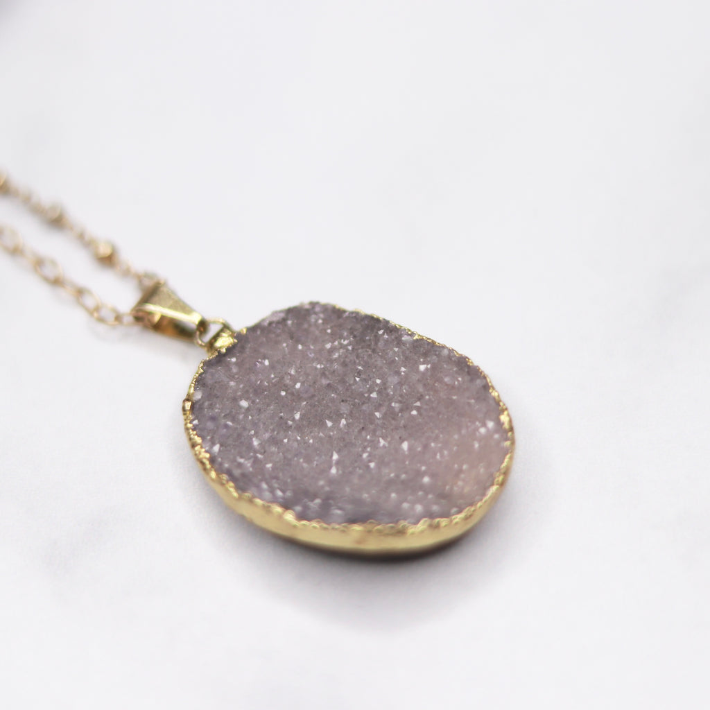 Gray Oval Druzy Pendant with Swarovski Cyrstal and Gold and Silver Beaded Chain Necklace  NEW