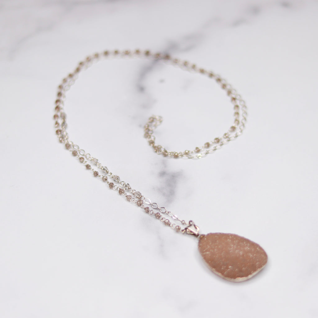 Tan/Carmel Oval Druzy Pendant with Carmel Swarovski Crystal Sterling Silver Chain Necklace  NEW