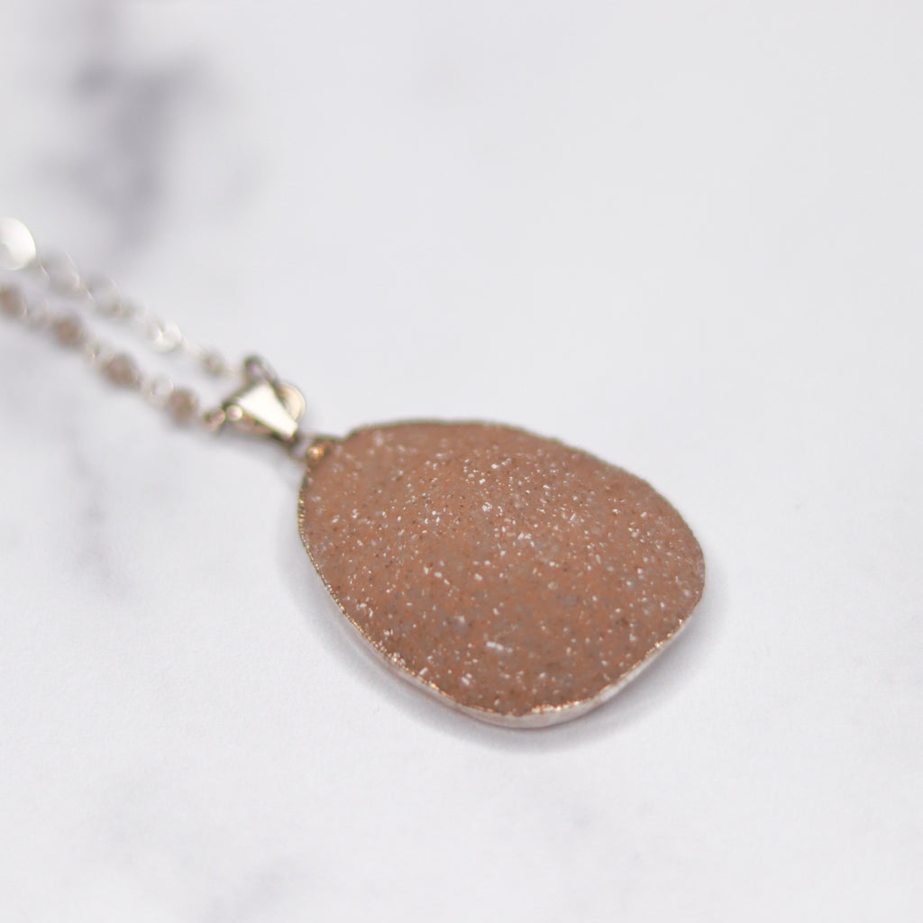 Tan/Carmel Oval Druzy Pendant with Carmel Swarovski Crystal Sterling Silver Chain Necklace  NEW