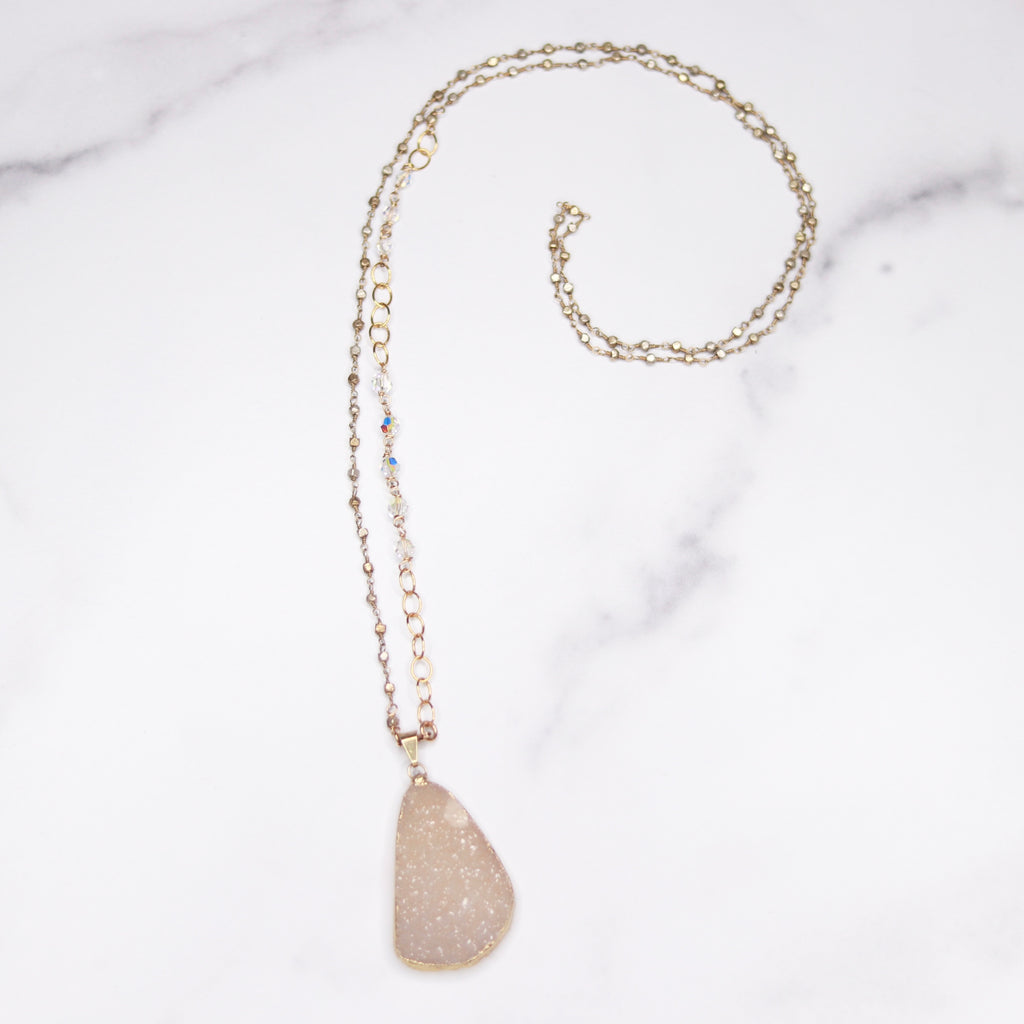 Cream Teardrop Druzy Pendant with Swarovski Crystal and Gold and Silver Beaded Chain Necklace  NEW