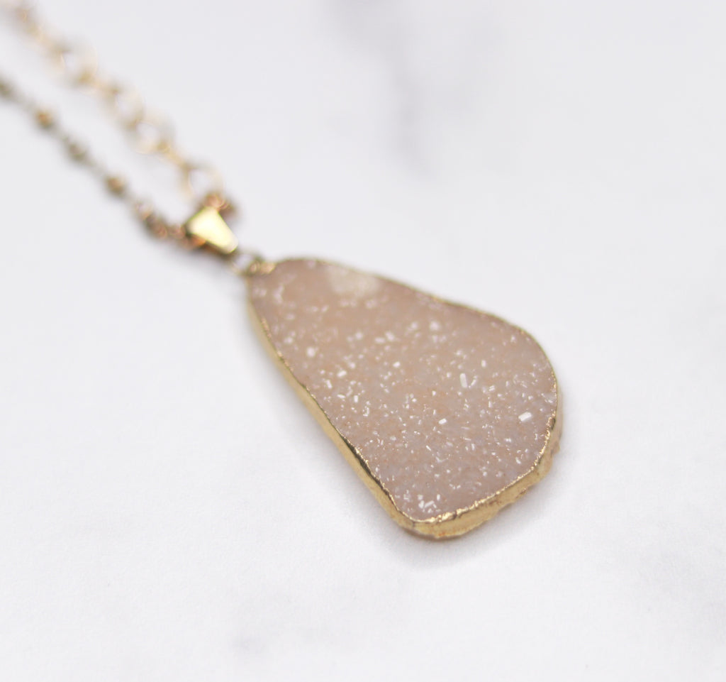 Cream Teardrop Druzy Pendant with Swarovski Crystal and Gold and Silver Beaded Chain Necklace  NEW