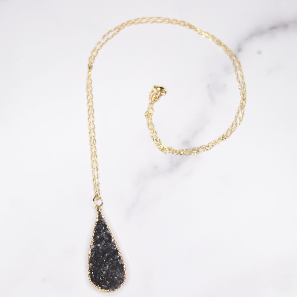 Dark Charcoal Teardrop Druzy Pendant on Gold-filled Chain Necklace  NEW