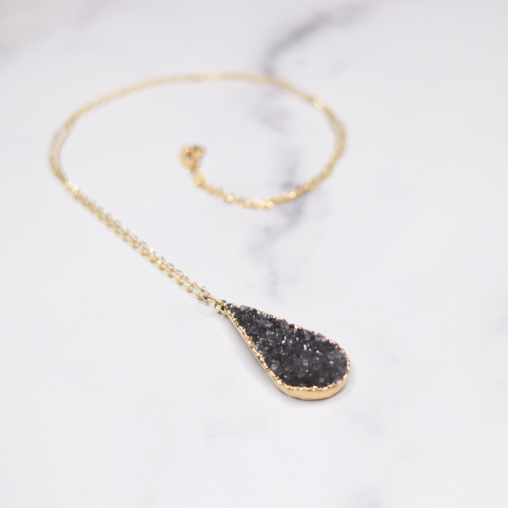 Dark Charcoal Teardrop Druzy Pendant on Gold-filled Chain Necklace  NEW