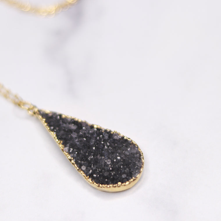 Dark Charcoal Teardrop Druzy Pendant on Gold-filled Chain Necklace  NEW