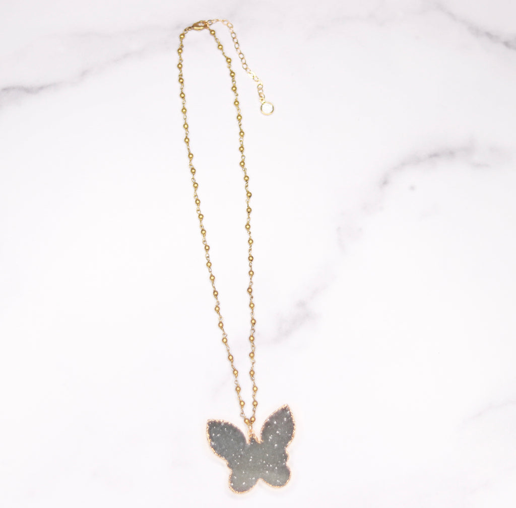 Green/Gray Ombre Butterfly Druzy Pendant on Gold Beaded Chain Necklace  NEW