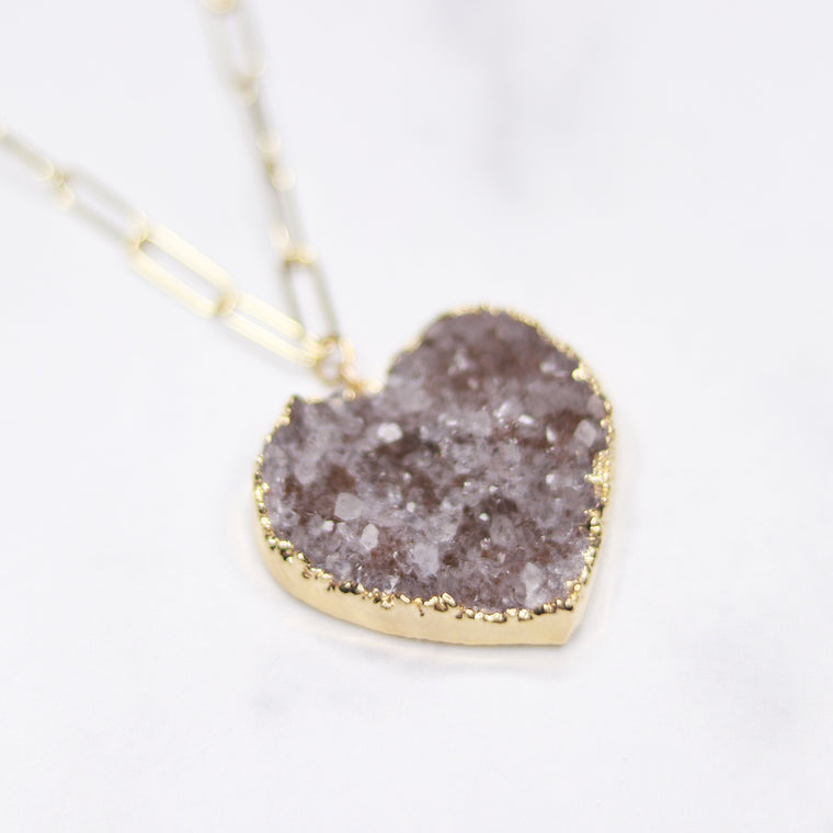 Medium Gray/Lavendar Heart Druzy Pendant on Gold-Filled PaperClip Chain Necklace  NEW