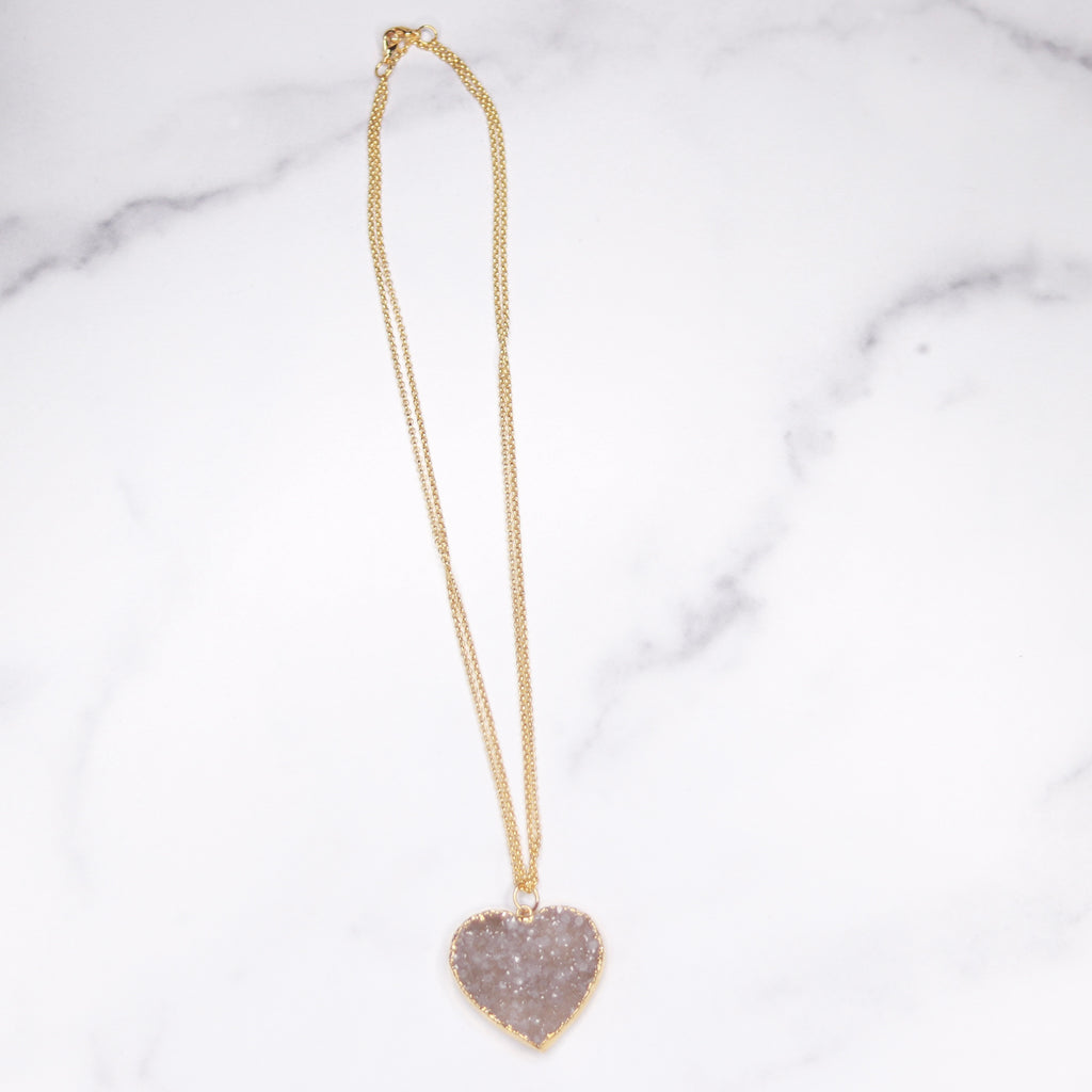 Medium Gray/Lavendar Heart Druzy Pendant on Gold-Filled Long Chain Necklace  NEW