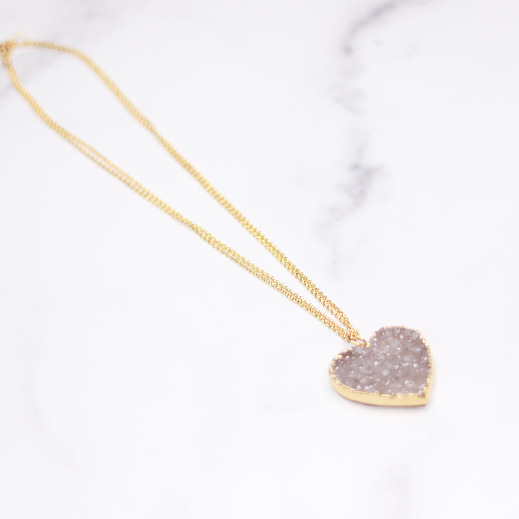 Medium Gray/Lavendar Heart Druzy Pendant on Gold-Filled Long Chain Necklace  NEW