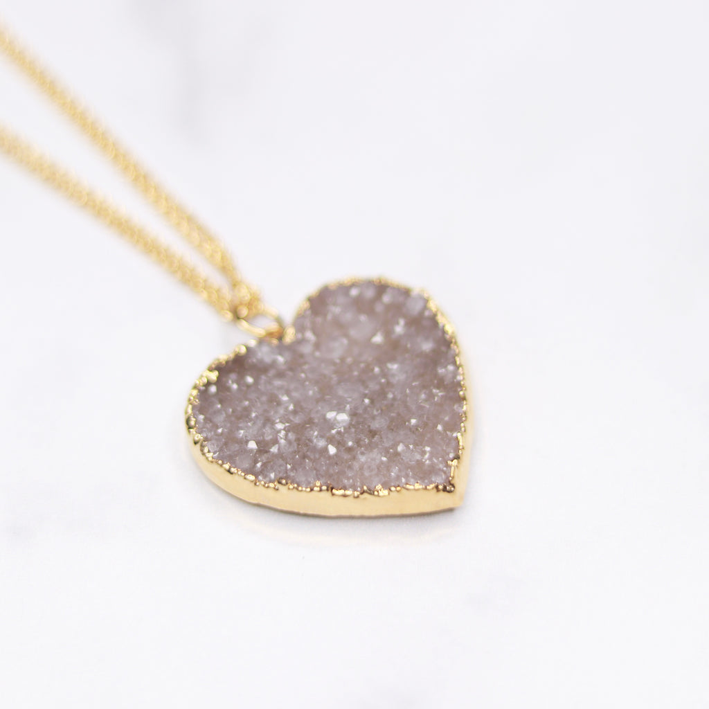 Medium Gray/Lavendar Heart Druzy Pendant on Gold-Filled Long Chain Necklace  NEW