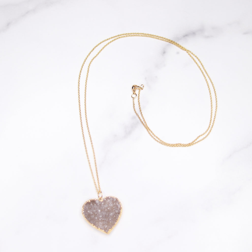 Medium Gray/Lavendar Heart Druzy Pendant on Gold-Filled Long Chain Necklace  NEW