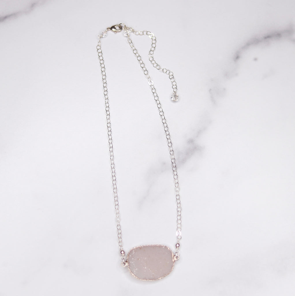 White Oval Druzy Choker Pendant on Sterling Silver Chain Necklace  NEW