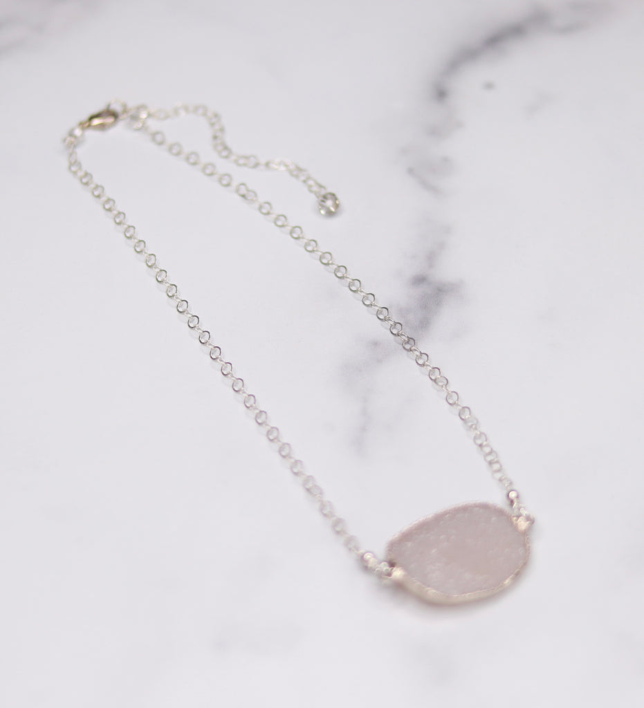 White Oval Druzy Choker Pendant on Sterling Silver Chain Necklace  NEW