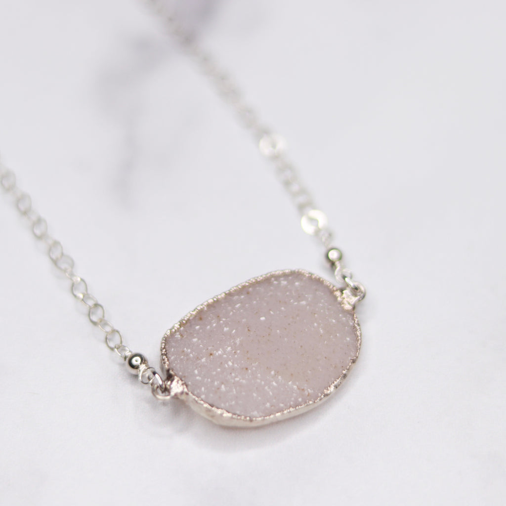 White Oval Druzy Choker Pendant on Sterling Silver Chain Necklace  NEW