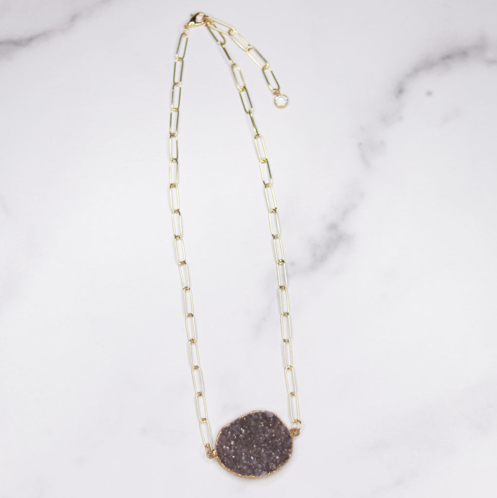 Charcoal Oval Druzy Choker Pendant on Gold-Filled PaperClip Chain Necklace  NEW