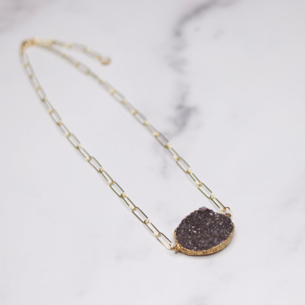 Charcoal Oval Druzy Choker Pendant on Gold-Filled PaperClip Chain Necklace  NEW