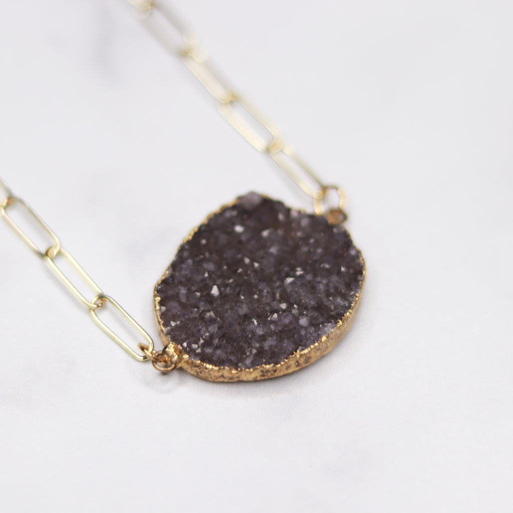 Charcoal Oval Druzy Choker Pendant on Gold-Filled PaperClip Chain Necklace  NEW