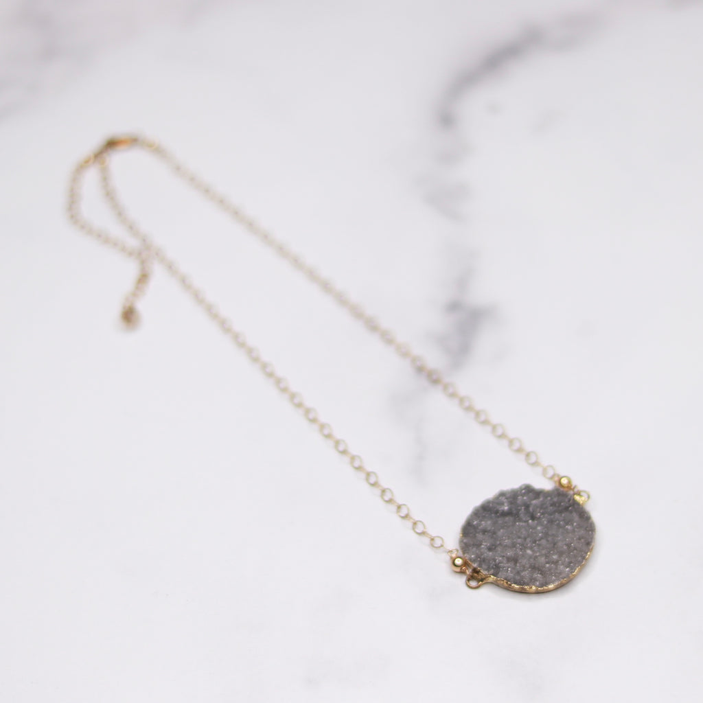 Medium Gray Round Druzy Choker Pendant on Gold-Filled Chain Necklace  NEW